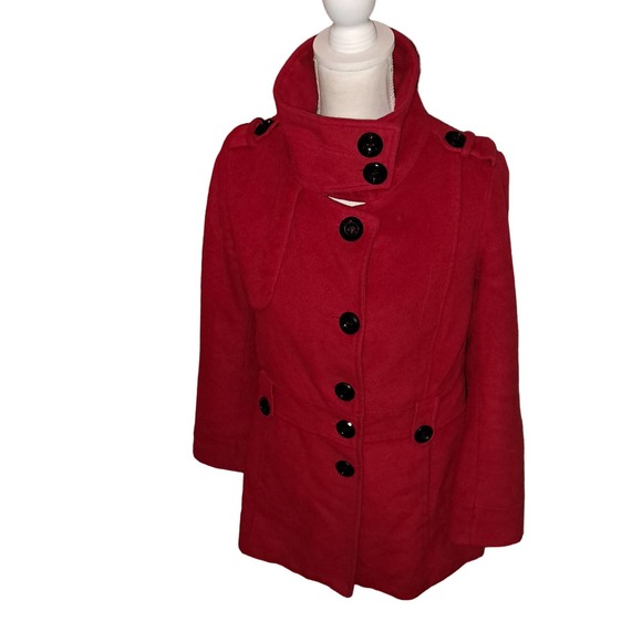 FLIRTY RED Coat Black Fleece Buttons peek-a-boo button up neck Sz SMALL Ladies - Picture 1 of 11